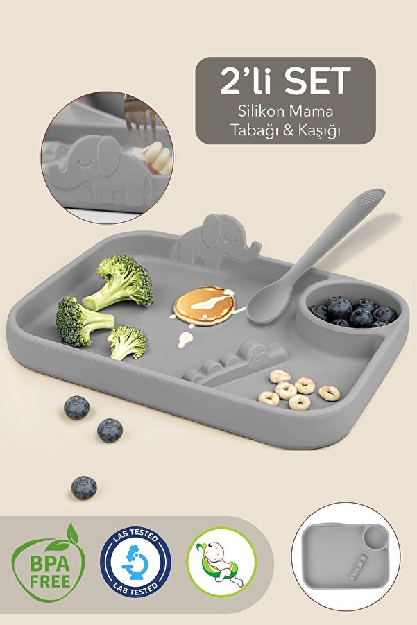 Meleni Baby 2'li Silikon Beslenme Seti - 3 Bölmeli Silikon Beslenme Tabağı, Diş Kaşıyıcı Özellikli Kaşık - Gri