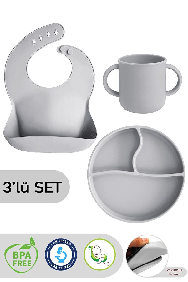 Meleni Baby 3'lü Silikon Beslenme Seti - Silikon Mama Önlüğü, Vakumlu Tabak, Kulplu Bardak - Gri