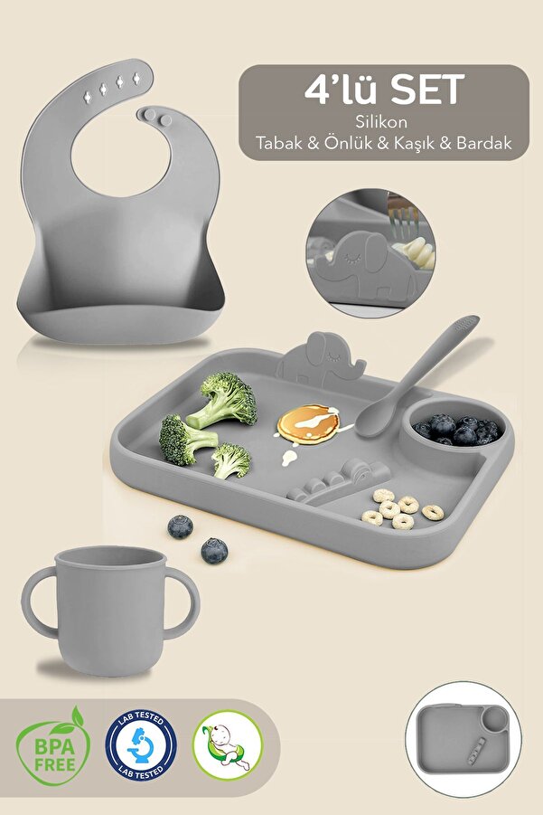 Meleni Baby 4'lü Silikon Beslenme Seti - 3 Bölmeli Beslenme Tabağı, Silikon Kaşık, Silikon Önlük, Bardak - Gri