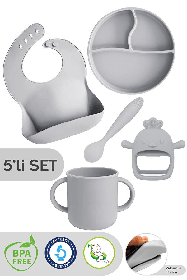 Meleni Baby 5'li Set Silikon Mama Önlüğü, Kulplu Bardak, Vakumlu Tabak, Mama Kaşığı, Diş Kaşıyıcı, Gri