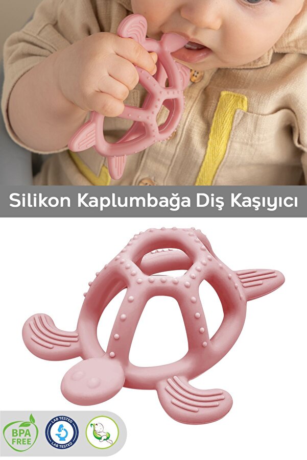 Meleni Baby Kaplumbağa Figürlü Bebek Dişlik - Diş Kaşıyıcı Bebek Dişliği - Pembe