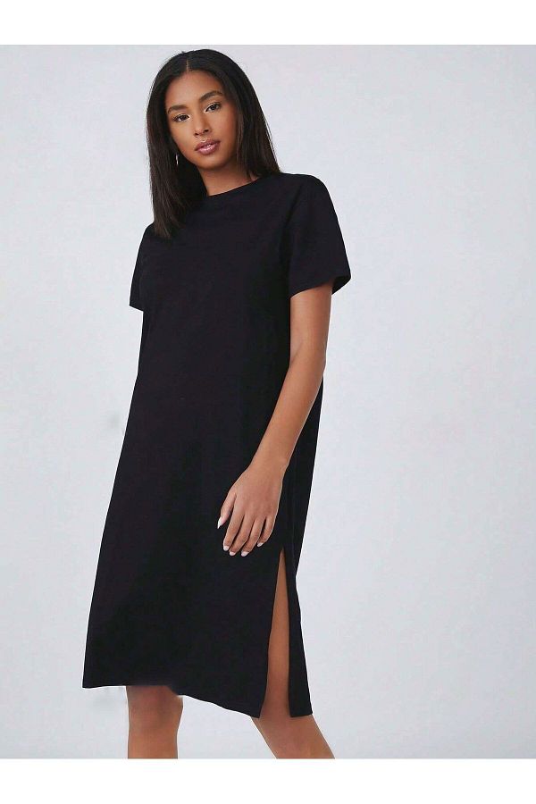 Know Schwarzes Basic-Kleid mit Schlitz für Damen, 100 % Baumwolle - Trendyol