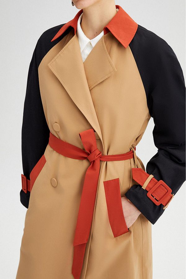 Color block long trench coat top