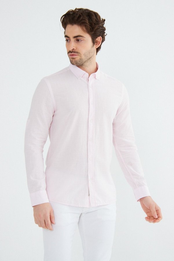 RAVANELLI Men's Pink Slim Fit Slim Fit Buttoned Collar Linen Look 100% Cotton Flared Shirt