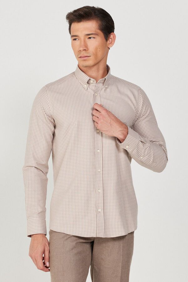 ALTINYILDIZ CLASSICS-Cămașă din bumbac în carouri, bej-alb, slim fit, cu guler cu nasturi 1