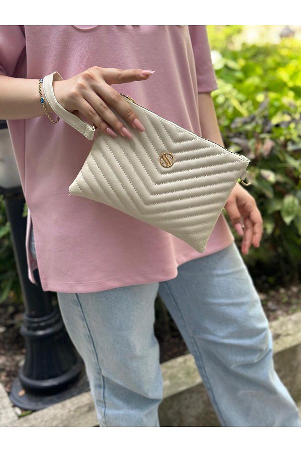 Sanmorris Cream Colored Faux Leather Portfolio for Women Adjustable Crossbody and Hand Strap Clutch Bag Trendyol