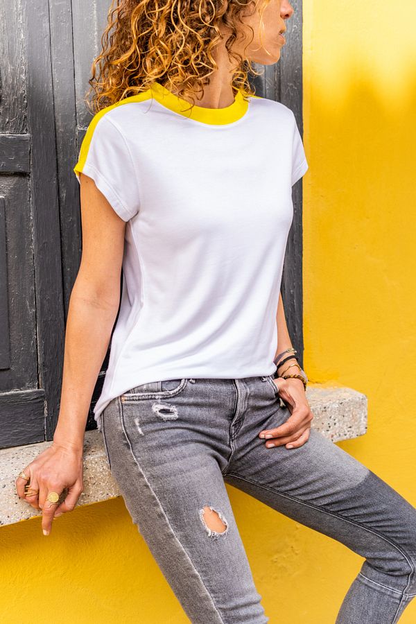 Güneşkızı-Tricou alb pentru femei, cu umăr cu garnitură, Bst3229 1