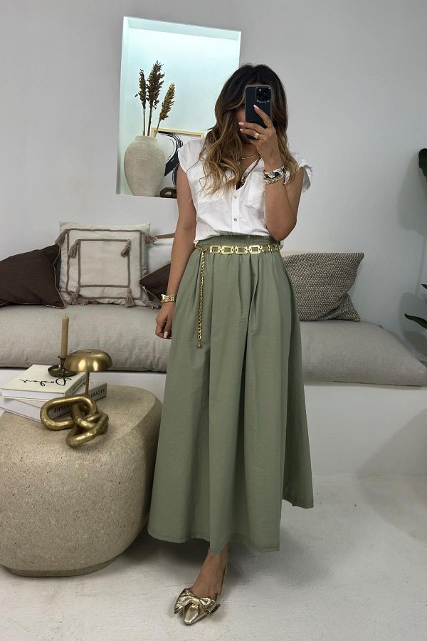 Sohotique By P Khaki Colored Cotton Flared Skirt Elastic Waist Trendyol