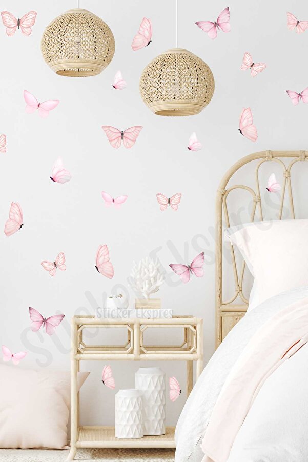 Sticker Ekspres Soft Pembe Kelebek Çocuk Odası Duvar Sticker Seti