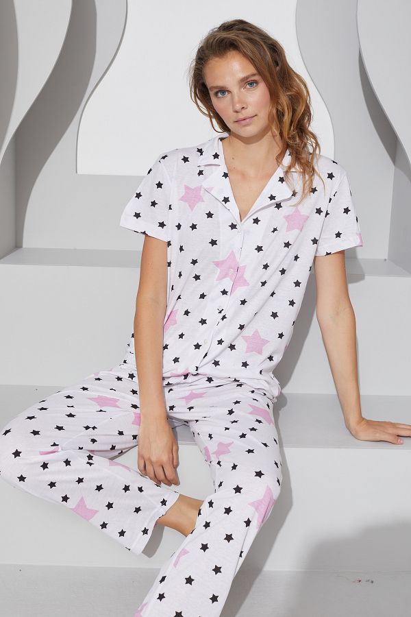 Siyah İnci-Set pijamale albe tricotate cu model stea - cu nasturi 1