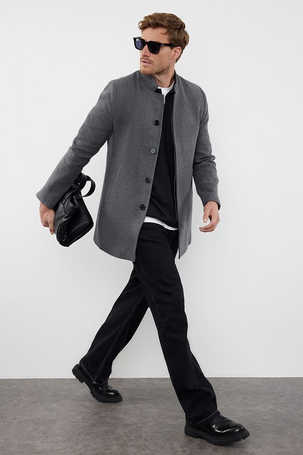 Trendyol Collection-Winter Anthracite Slim Fit Stamp Coat - Stand Collar TMNAW24KB00005 1