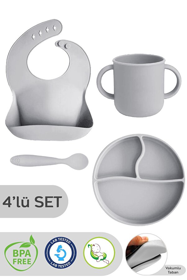 Meleni Baby 4'lü Silikon Beslenme Seti - Mama Önlüğü, Kulplu Bardak, Vakumlu Tabak, Mama Kaşığı - Gri