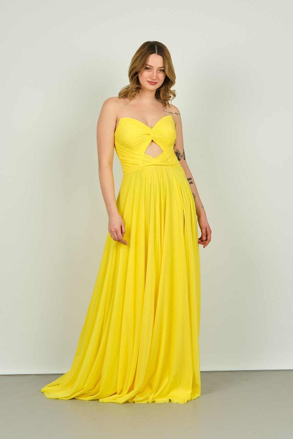 EREF VURAL Women s Strapless Window Detailed Deep Slit Tulle Evening Dress 8236 Yellow Trendyol