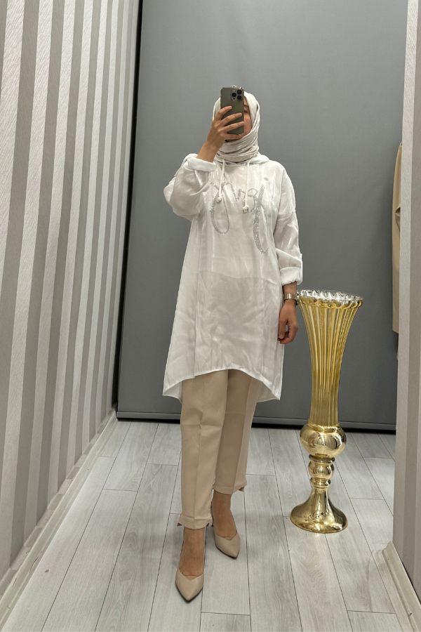 Dressing Room White Hooded Tunic Imported Stone Detailed Y53062 Trendyol