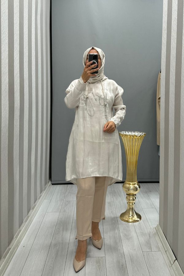 Dressing Room White Hooded Tunic Imported Stone Detailed Y53062 Trendyol