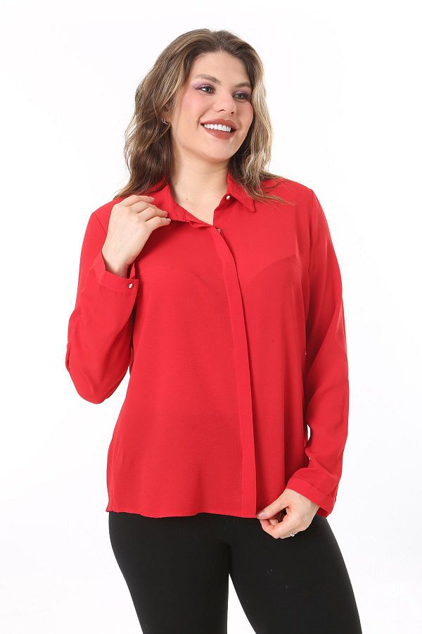 Şans-Red Plus Size Buttoned Blouse with Hidden Placket - 65N38019 1