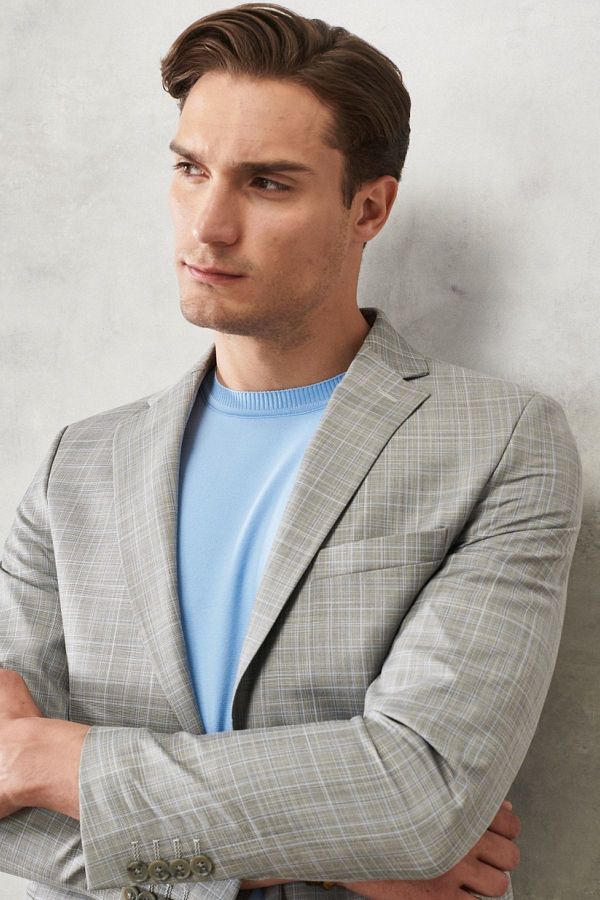ALTINYILDIZ CLASSICS-Ανδρικό γκρι-μπλε Extra Slim Fit Slim Fit Mono Collar καρό Classic κοστούμι 1