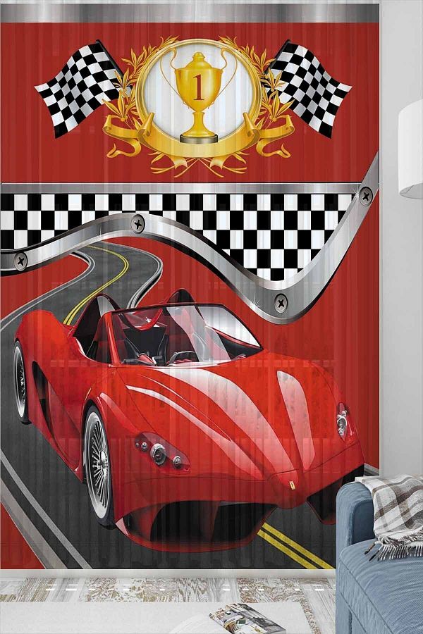 Else Halı-Else Red Race Car Patterned Decorative Children's Baby Tulle Background Curtain 1