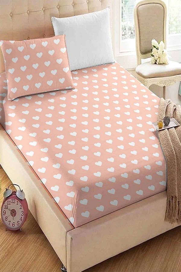 Else Dekor-Yavruağzı Pink White Heart Patterned Elastic Single Pillowed Elastic Sheet Set 90x190cm 1