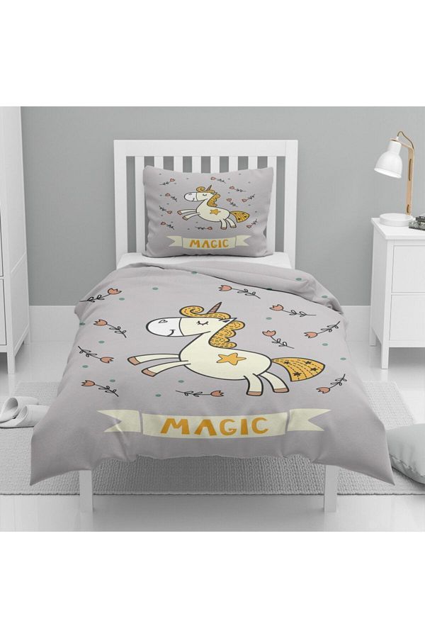 Else Halı-Else Yellow Gray Horse Unicorn Patterned Single Children's Bedding Set 1