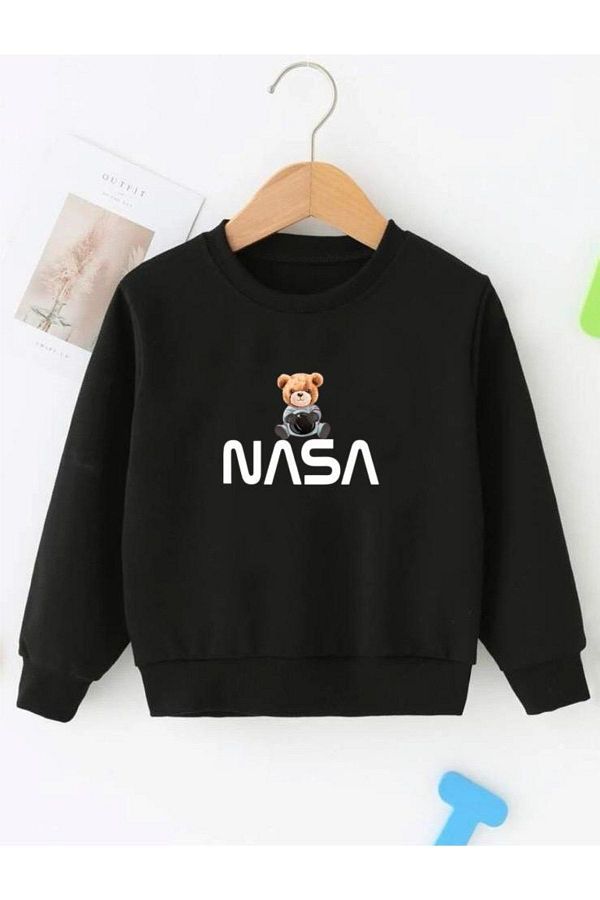 NoVibe Kids Unisex Oversize Black Teddy Bear Printed Sweatshirt with NASA Hat Trendyol
