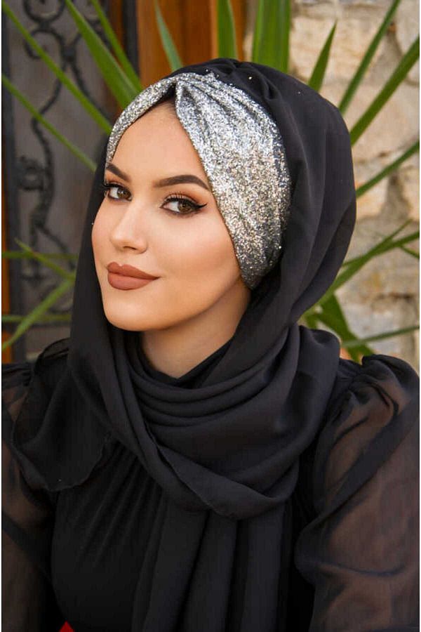 Ai e Tesettur Black Silver Glitter Evening Dress Shawl Trendyol