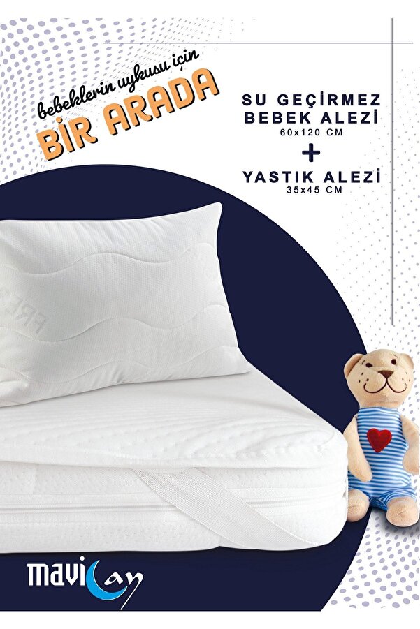 Mavi Ay Yatak Su Sıvı Geçirmez Bebek Alezi 60x120 Yatak Koruyucu Yastık Alezi - Beyaz
