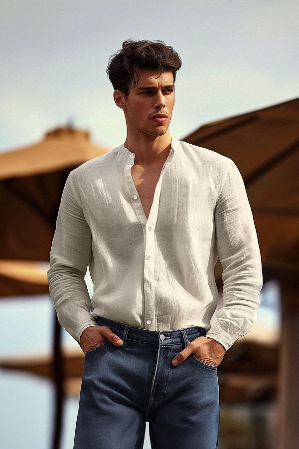 Trendyol Collection-Košile Mušelín Ecru Regular Fit - Null Collar TMNSS24GO00069 1