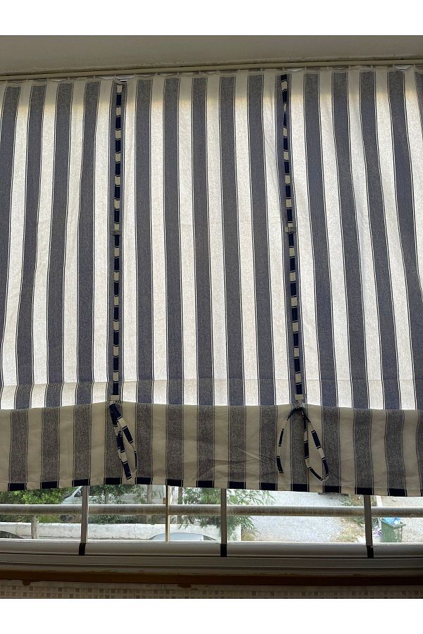 Görgülü Shop-String Traction Height Adjustable Blue White Striped Balcony Curtain Thick Fabric 1
