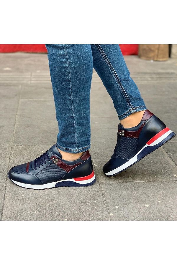 Parlak Navy Blue Men s Genuine Leather Sneakers Trendyol