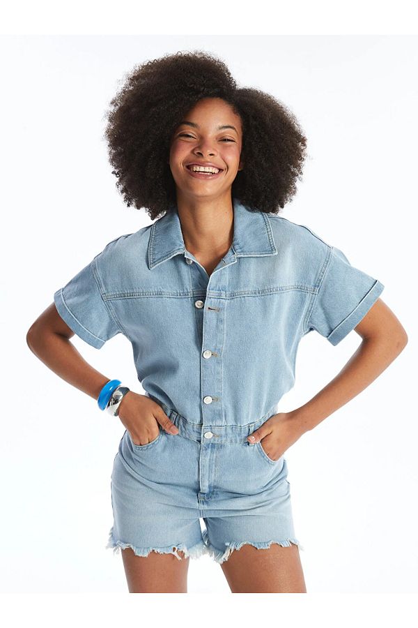 LC Waikiki XSIDE Women s Jean Jumpsuit Shirt Collar Short Sleeve Trendyol