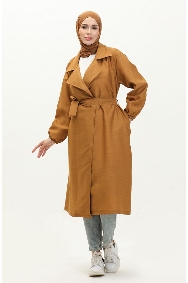 sefamerve Mustard Belted Trench Coat 24K9095 05 Trendyol