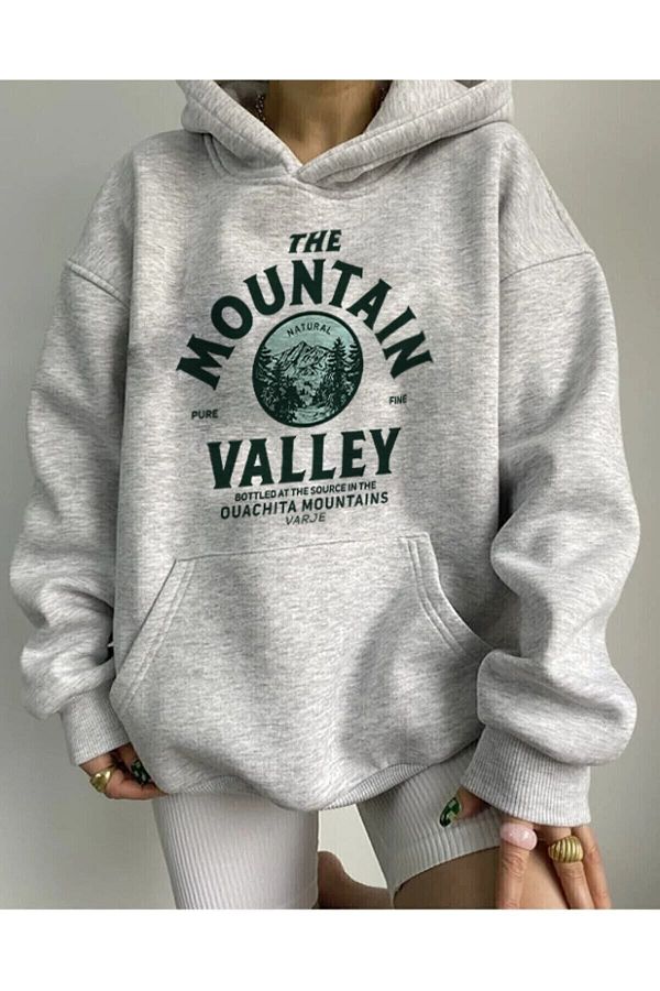 blackjack giyim Unisex Gray Oversize Hooded Kangaroo Pocket The Mountain Printed Sweatshirt Hoodie