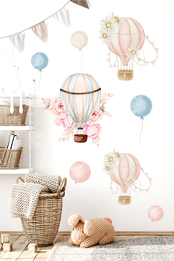 Sticker Sepetim Renkli Çiçekli Retro Balonlar Çocuk Odası Duvar Sticker Seti - Boho Tarzında İskandinav Duvar Süsü