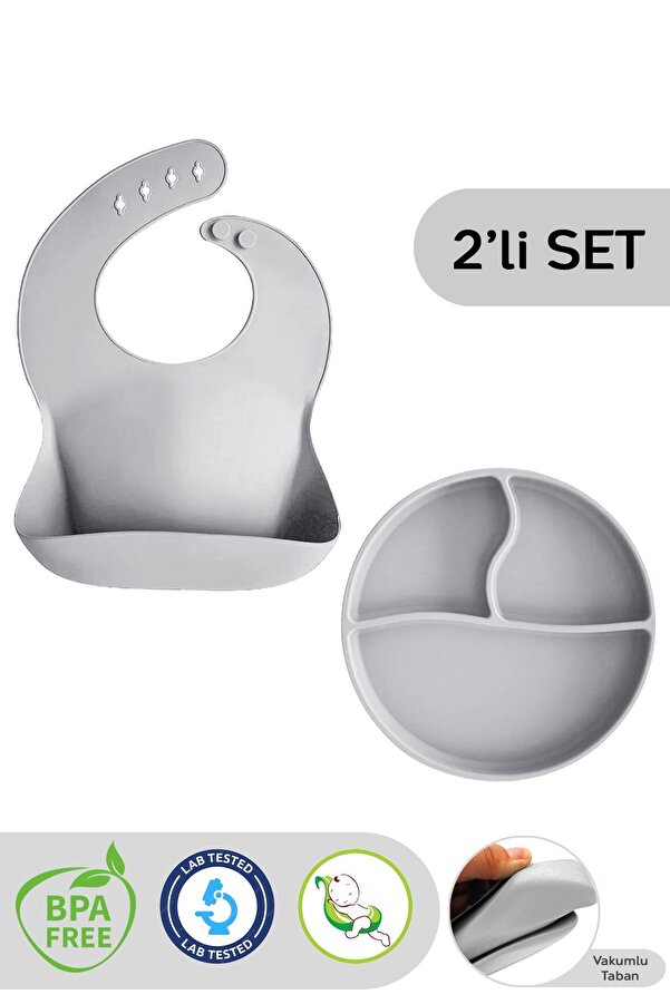 Meleni Baby 2'li Silikon Bebek Beslenme Seti - Vakumlu Tabak, Ayarlanabilir Mama Önlüğü - Gri