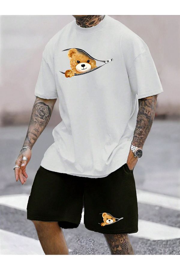 Mythologie-Combinație de tricou oversize și pantaloni scurți cu imprimeu Bear, alb, negru, cu gât crew 1