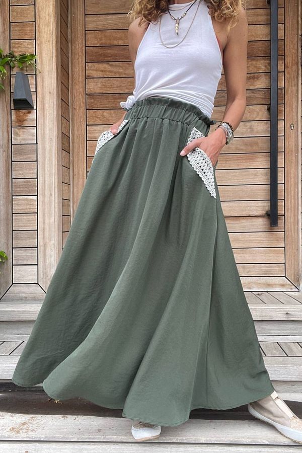 Gune k z Women s Khaki Pocket Straw Detailed Loose Kilos Skirt with Elastic Waist Bst3389 Trendyol
