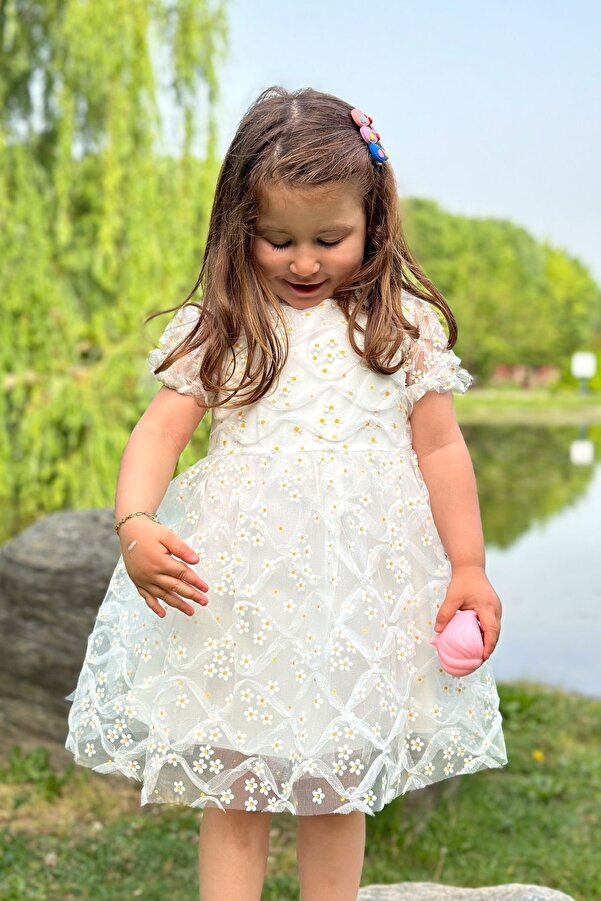 Baby Animals Kız Bebek Elbise Kız Çocuk Elbise Doğum Günü Parti Düğün Elbise Dantelli Kısa Kol Astarlı Elbise