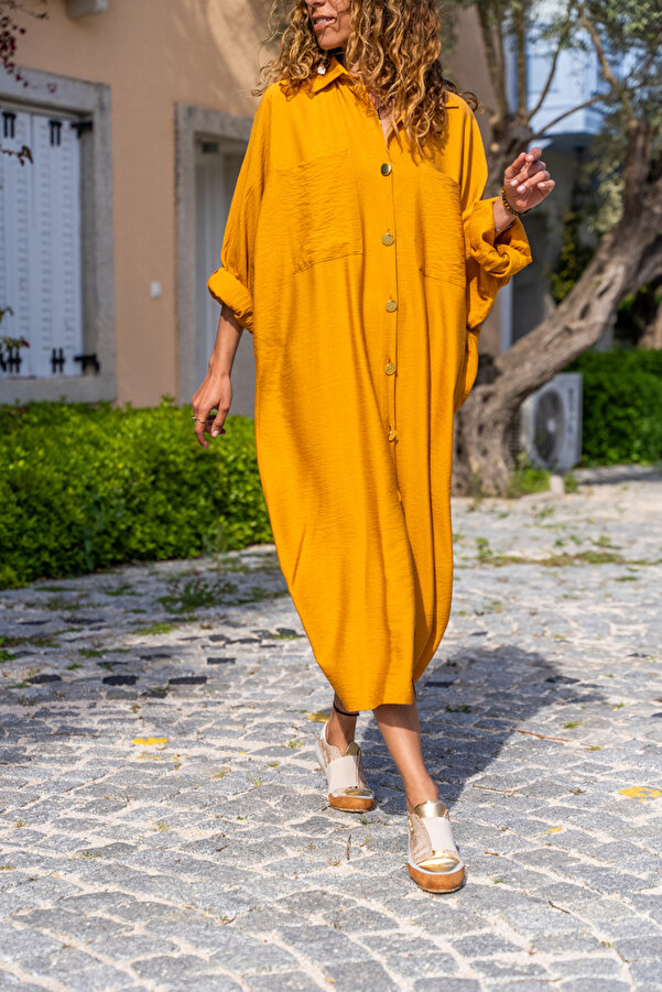 Güneşkızı Women's Mustard Linen Bat Sleeve Casual Pocket Shirt