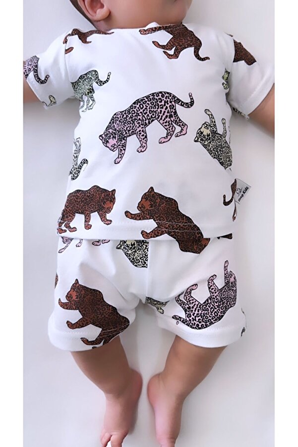 Drop Kids Bebek Pijama Takımı Kısakol Şort Kaplan Desen %100 Pamuk Yenidoğan