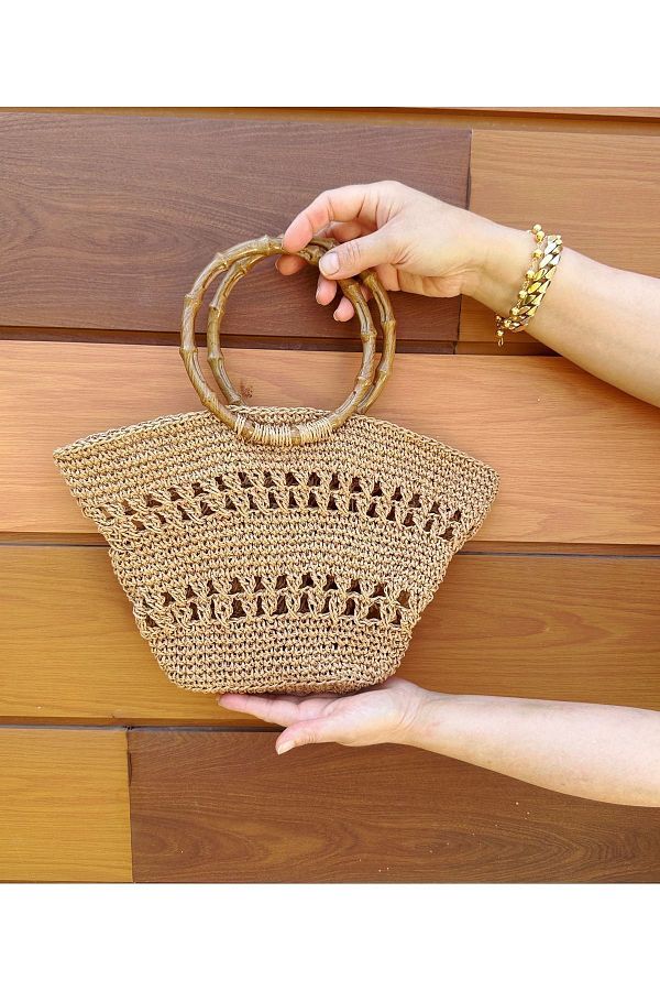 SassyBags Straw Look Acrylic Women s Bag Bell Knitting with Bamboo Handle Trendyol