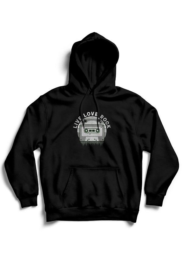 The Baski Unisex Black Live Love Rock Vintage Printed Kangaroo Pocket Hooded Sweatshirt Trendyol
