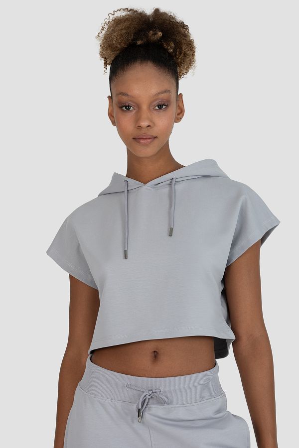 Superstacy Alice Hooded Short Sleeve Gray Crop Sweatshirt Trendyol