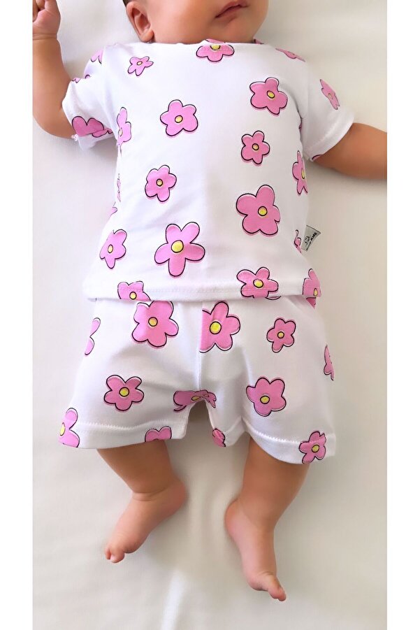 Drop Kids Bebek Pijama Takımı Kısakol Şort Çiçek Desen %100 Pamuk Yenidoğam