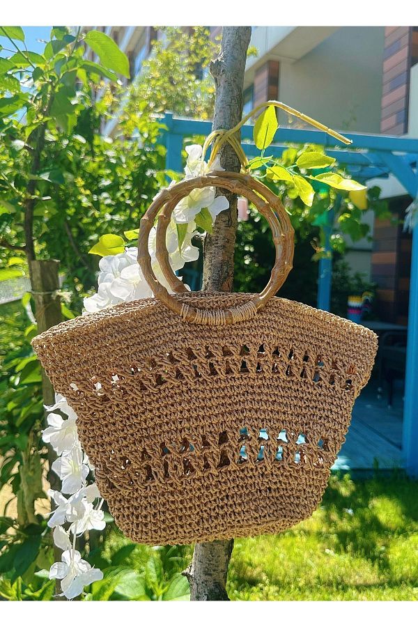 SassyBags Straw Look Acrylic Women s Bag Bell Knitting with Bamboo Handle Trendyol