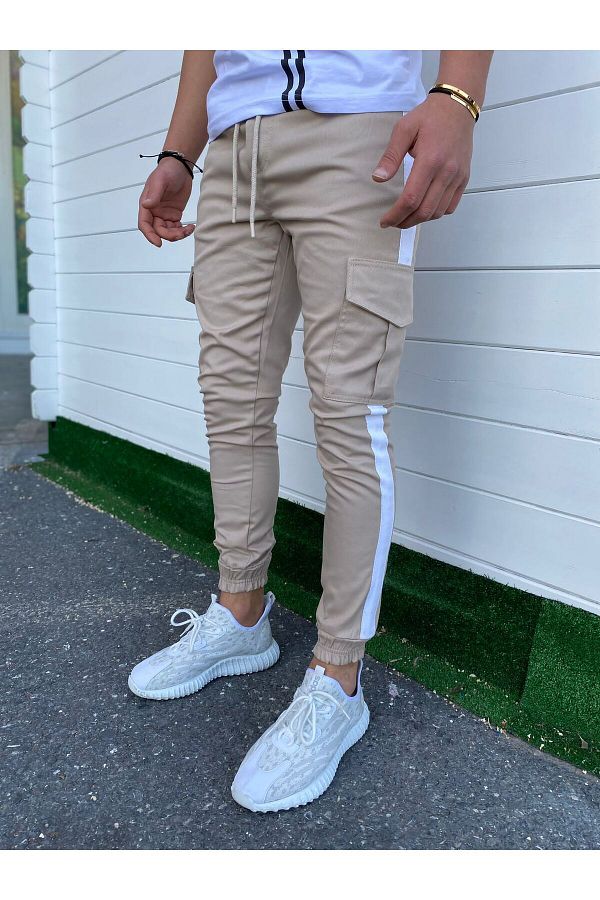 M X CLOTHES Men s Beige Side Stripe Slim Fit Side Pocket Cargo Pants Trendyol
