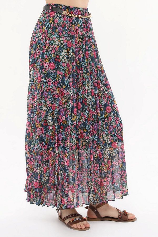 sehatex-Pleated Chiffon Skirt - Patterned, Elastic Waist and Lined Qys 1