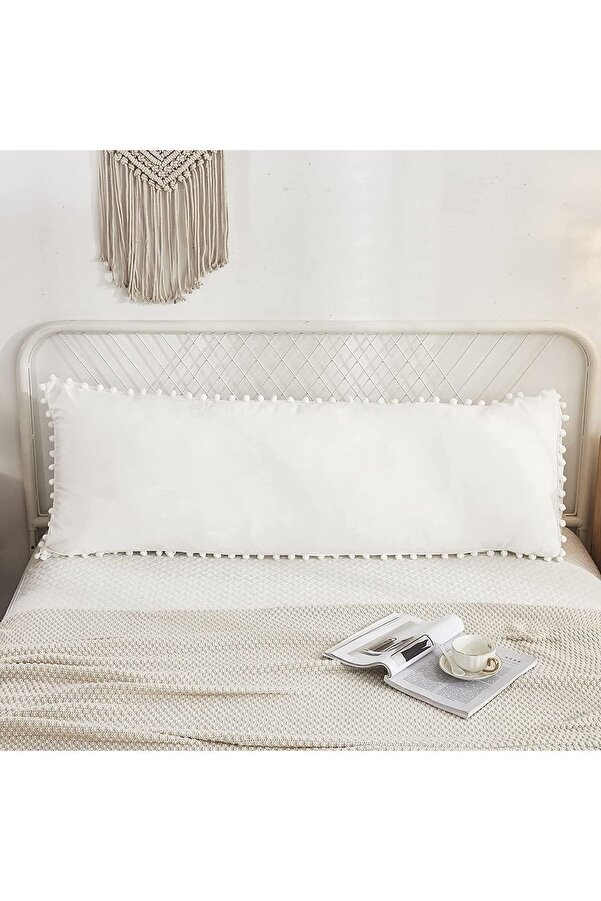 EVYA %100 Pamuklu Ponpon Detaylı Uzun Yastık Kılıfı 50x135 Cm Beyaz Renk Hamile Yastığı Kılıfı Ergonomik