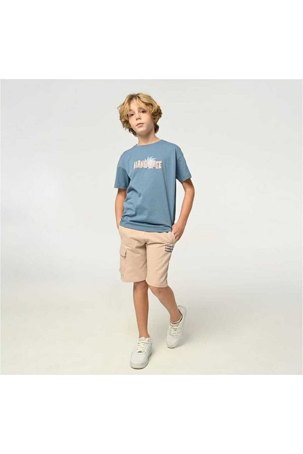 Çikoby-Boy's T-Shirt and Cargo Pocket Shorts Set - Embossed Text Detail 1