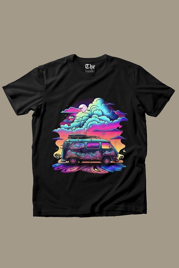 The Baski-Unisex Black Vintage Cool Caravan Camping Printed Short Sleeve T-shirt 1